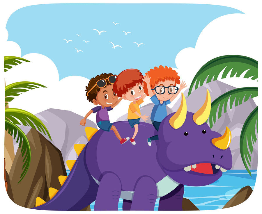 Three smiling children ride a friendly, purple dinosaur with yellow spikes in a vibrant landscape of palm trees and blue water—perfect for decorating any kid’s room with the Nursery 26 Wall Mural.