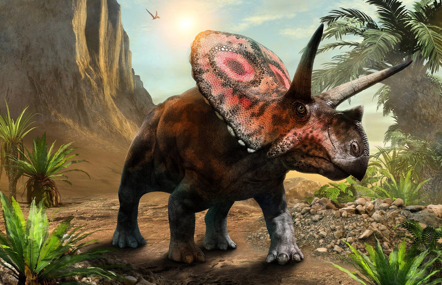 The Triceratops in Wild Wall Mural showcases a vivid illustration of a Triceratops on rocky, sunlit terrain with lush plants, cliffs, and a flying pterosaur beneath a bright sky—ideal for custom printed murals.