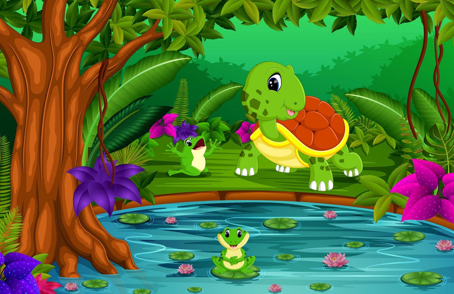 The Nursery 7 Wall Mural features a smiling cartoon turtle on a grassy bank by a pond, playful frogs, and large purple and pink flowers—creating a vibrant jungle scene perfect for custom wall murals or removable wallpaper.