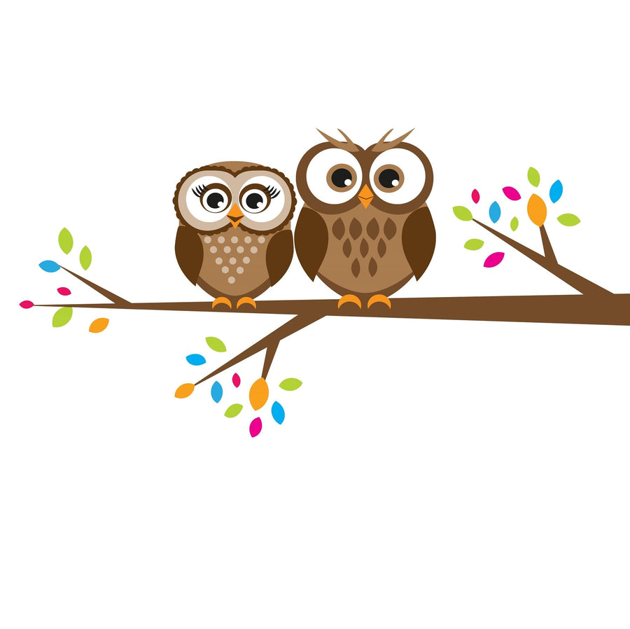 The Nursery 10 Wall Mural by  features two cartoon owls with large eyes on a brown tree branch against a white background. The branch has colorful leaves in blue, pink, green, and yellow, adding a playful touch to any custom removable wallpaper design.