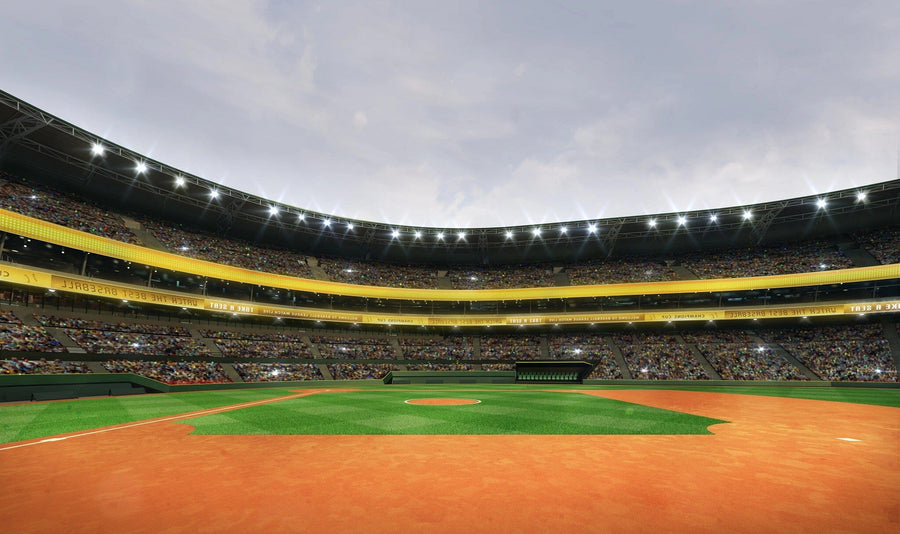 Bring the excitement of a packed baseball stadium to your space with the Baseball 11 Wall Mural, showcasing a lush green field and three tiers of seating on matte canvas-textured, peel and stick material.