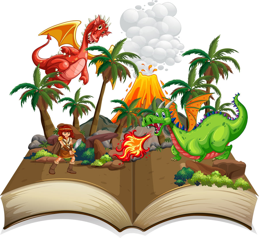 An open storybook shows a lively, fantastical jungle with dragons and an adventurer. Bring this magic to your space with the Nursery 10 Wall Mural—custom printed, easy to apply peel and stick decor for any room.