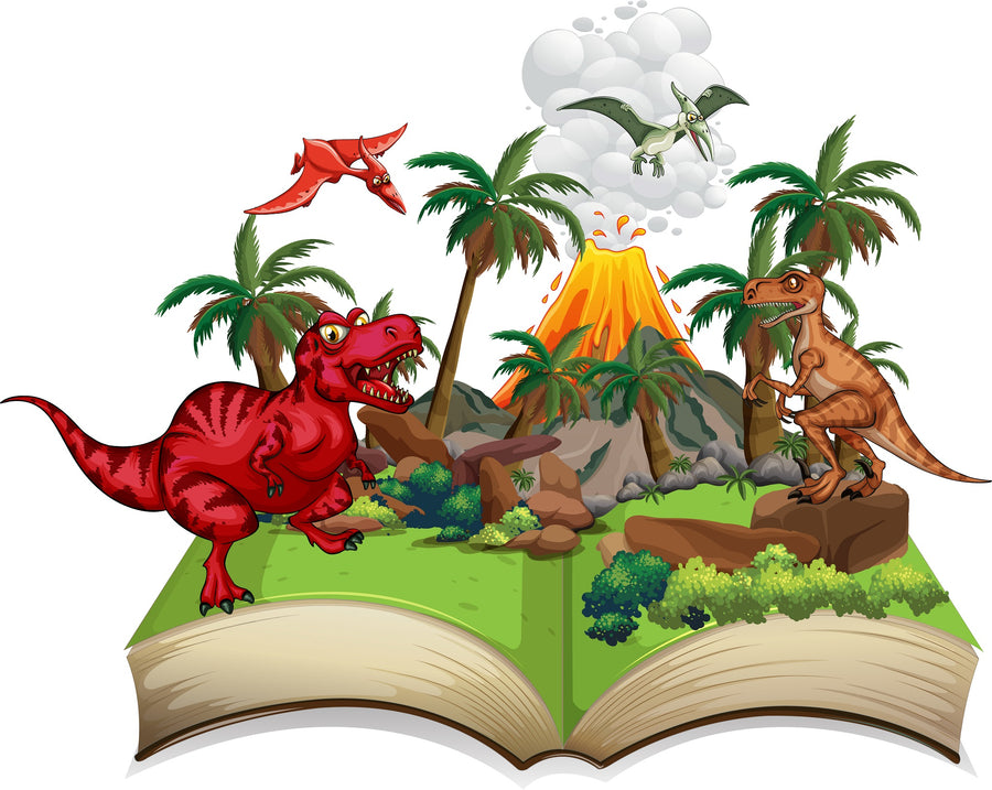 The Nursery 11 Wall Mural features a 3D scene of dinosaurs, palm trees, rocks, and a smoking volcano. A brown dinosaur, red T-Rex, and flying pterosaurs create a lively prehistoric landscape for your space.