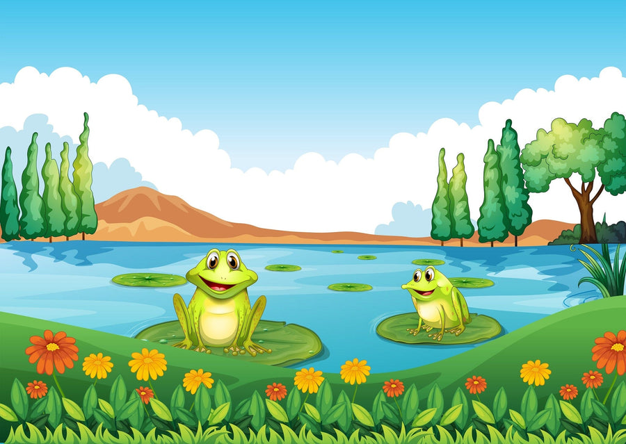 The Waterside Frogs Wall Mural features two green frogs on lily pads in a blue pond, surrounded by trees, grass, hills, and vibrant flowers under a bright sky—a colorful, cartoon-like scene perfect for brightening any space.