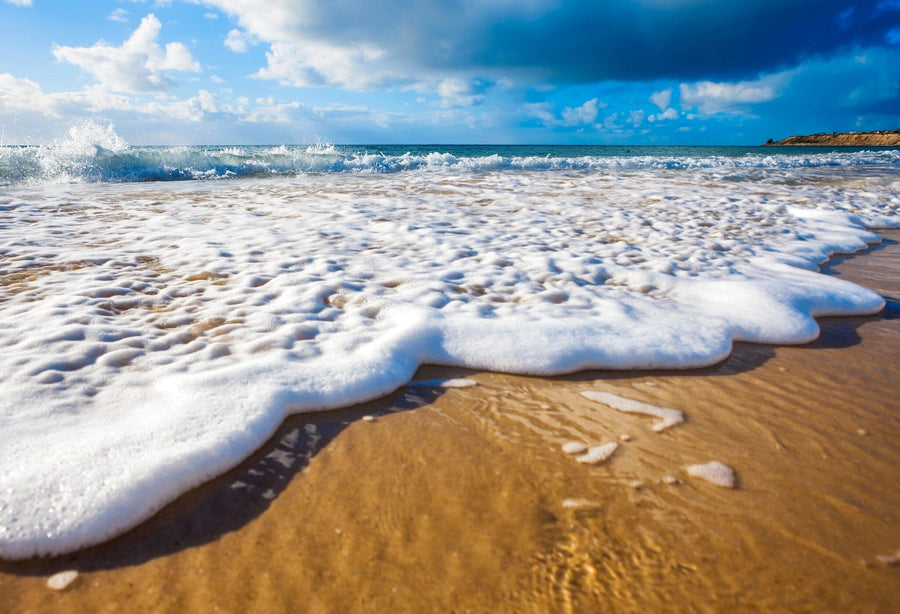 The Wet Feet Wall Mural captures waves washing over a sandy beach under a blue sky with scattered clouds. Sea foam contrasts with golden sand, creating a serene coastal scene on a peel and stick canvas that inspires the imagination with sunlit clouds and distant shorelines.