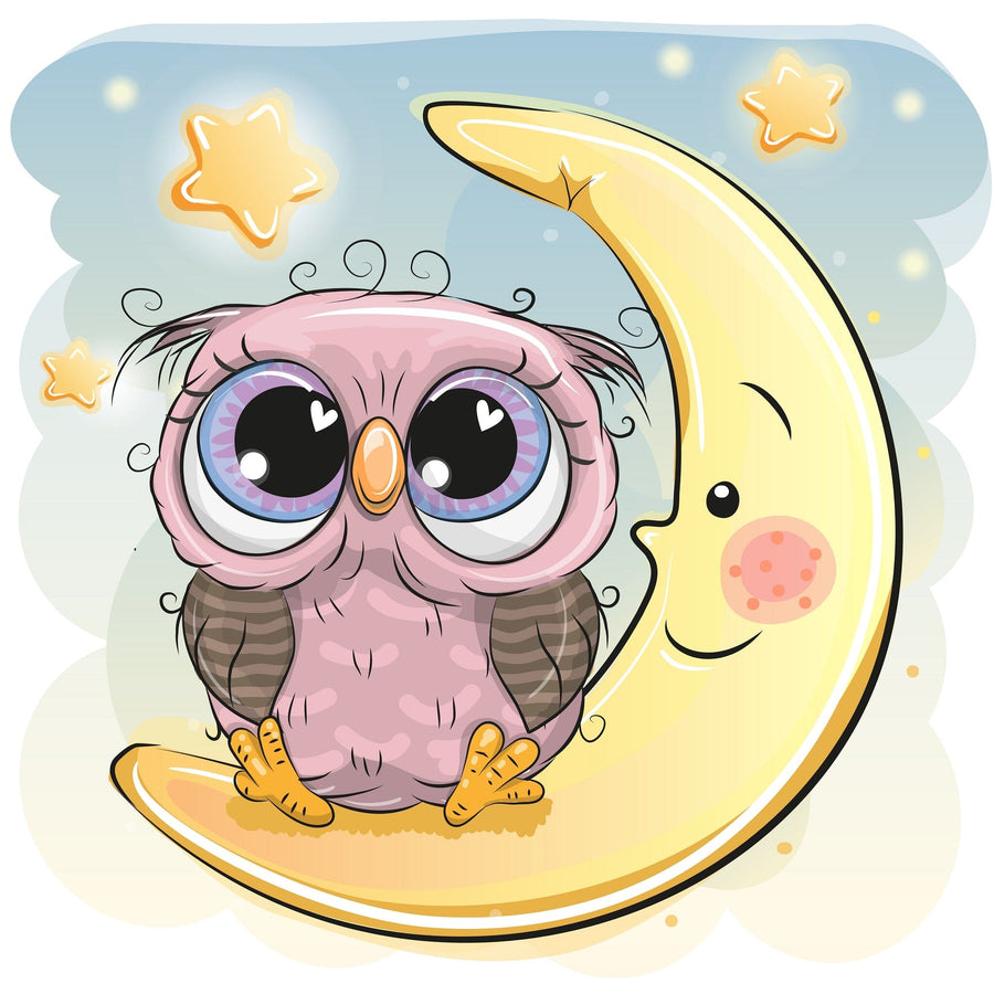 The Wide-Eyed Owl Wall Mural by showcases a cute cartoon owl with large eyes on a smiling crescent moon, surrounded by stars in a dreamy pastel night sky, creating a whimsical and serene atmosphere perfect for any space.