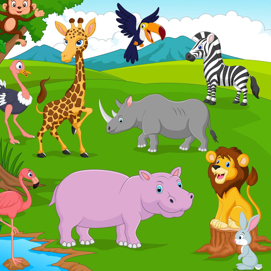 The Wildlife Fun Day Wall Mural features a cartoon zebra, toucan, giraffe, and more on a green field with hills, blue sky, and clouds—perfect for custom printed wall murals or removable wallpaper.