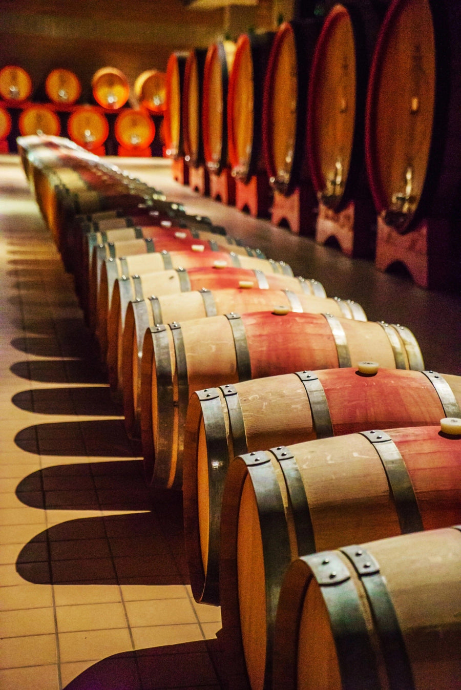 A row of Wine 9 Wall Mural features wooden wine barrels aligned in a dim cellar, with warm lighting casting soft shadows. The mural displays barrels with metal bands and rich wood textures on the tiled floor, with more visible in the background lining the walls.