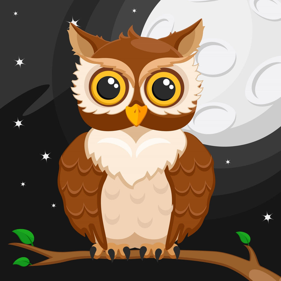 The Wise Moon Watcher Wall Mural features a captivating cartoon owl with large eyes and brown feathers on a branch against a night sky, highlighted by a bright full moon and stars. The detailed owl wings and green leaves enhance its charm. Perfect for peel and stick applications.