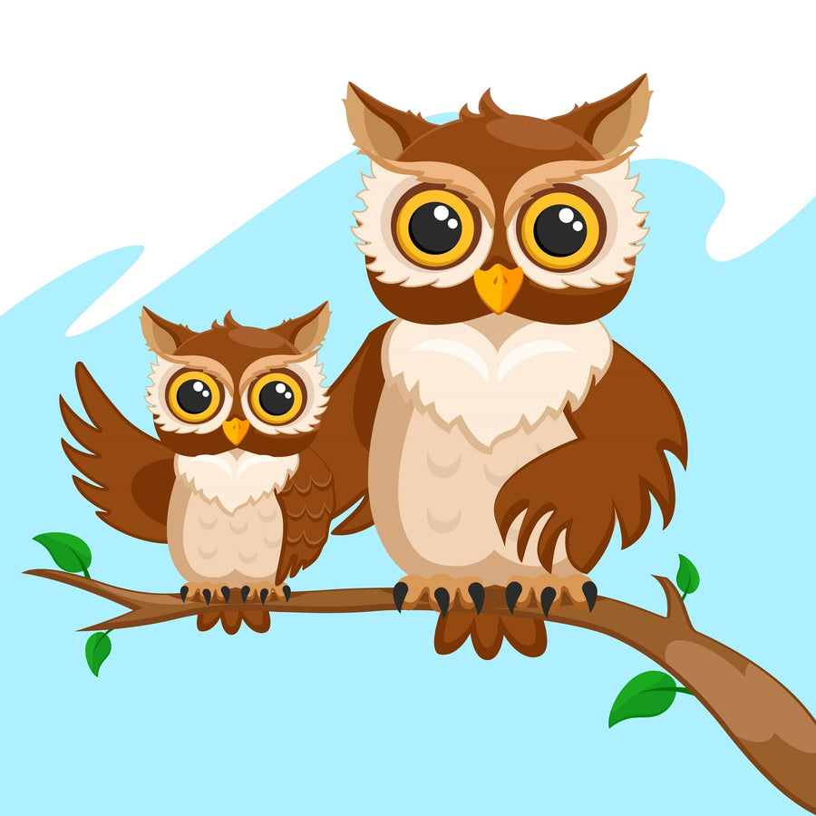 The Wise and Watchful Wall Mural features two cartoon owls on a branch. The larger owl has big yellow eyes and light brown feathers, while the smaller one shares similar traits. Both have head tufts set against a light blue background with a curved top, perfect for peel and stick application.