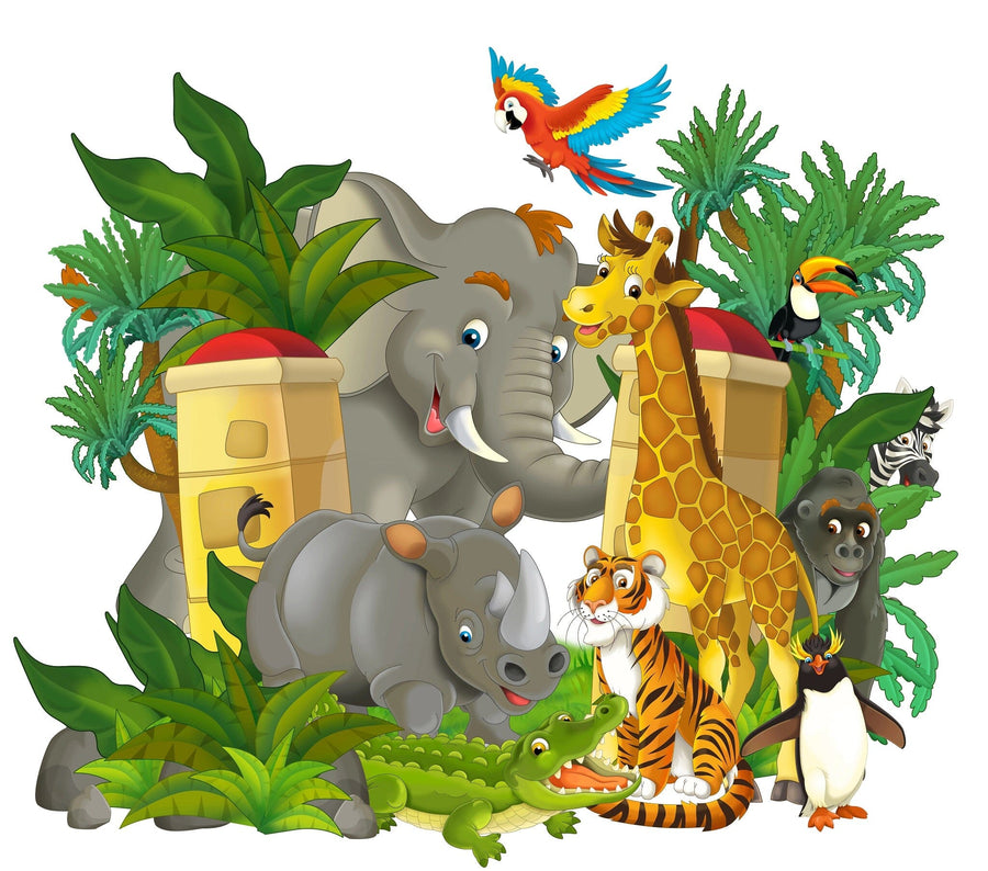 The Zoo Squad Wall Mural features vibrant cartoon animals, lush tropical plants, and two yellow buildings with red roofs—a playful peel and stick mural that’s ideal for adventurous kids’ spaces.