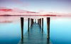 A wooden dock extends into a calm lake under misty skies as softly glowing hills reflect on the water, creating a tranquil scene. The Misty Lake Morning Wall Mural is ideal for custom prints or as a peel and stick wall mural.
