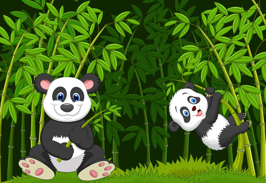 A nursery showcases the Mom and Baby Panda Wall Mural with two cartoon pandas among bamboo. Removable wallpaper simplifies decor updates. The room includes a white crib, framed art, a teddy bear, and a plush turtle on hardwood floors with a gray rug.