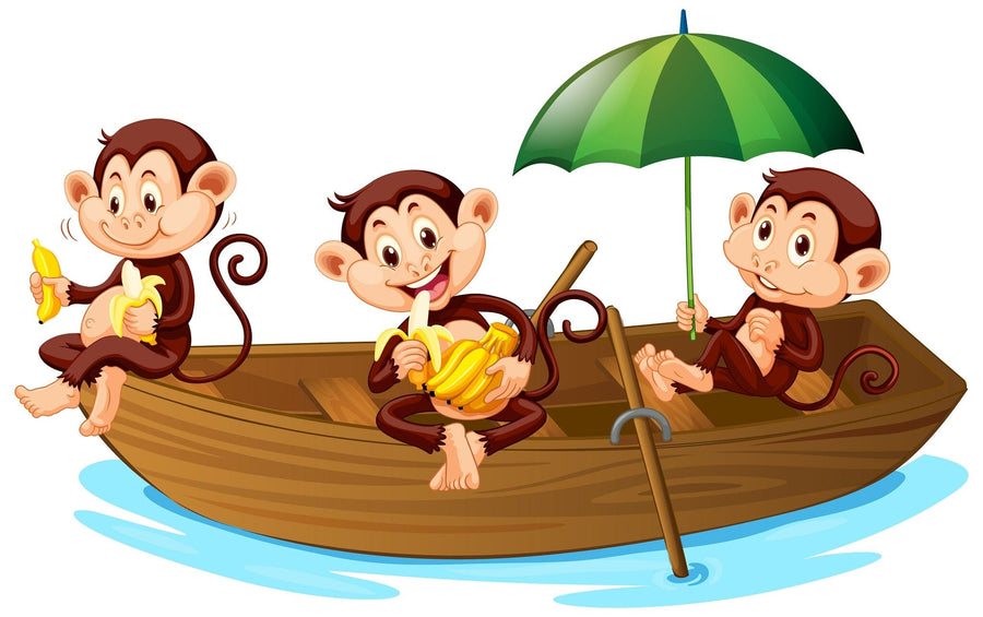 A bright nursery showcases the Monkey Cruise Wall Mural, depicting three cartoon monkeys in a boat under a green umbrella. Nearby are a crib, rocking horse, kids’ furniture, and scattered toys, while a round mirror reflects one monkey’s face.