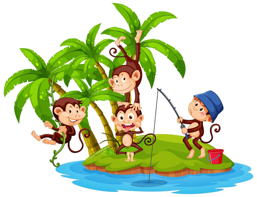 A nursery with a crib, rocking horse, and storage baskets features the Monkey Island Fun Wall Mural of four cartoon monkeys playing on a grassy island with trees and a pond. Sheer curtains let sunlight in for a cozy, playful vibe.