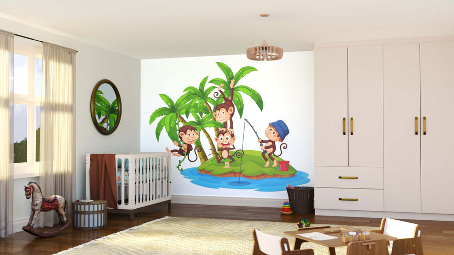 A nursery with a crib, rocking horse, and storage baskets features the Monkey Island Fun Wall Mural of four cartoon monkeys playing on a grassy island with trees and a pond. Sheer curtains let sunlight in for a cozy, playful vibe.