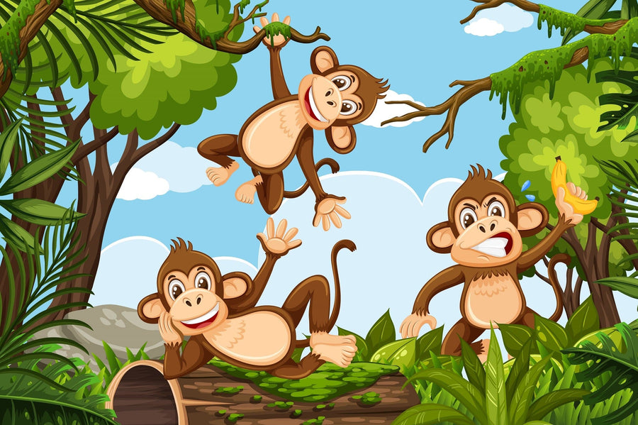 A bright nursery features the Monkey Jungle Fun Wall Mural with three playful monkeys in a jungle scene. Peel and stick mural, crib, toys, rocking horse, and sheer curtains create a cheerful, light-filled atmosphere.