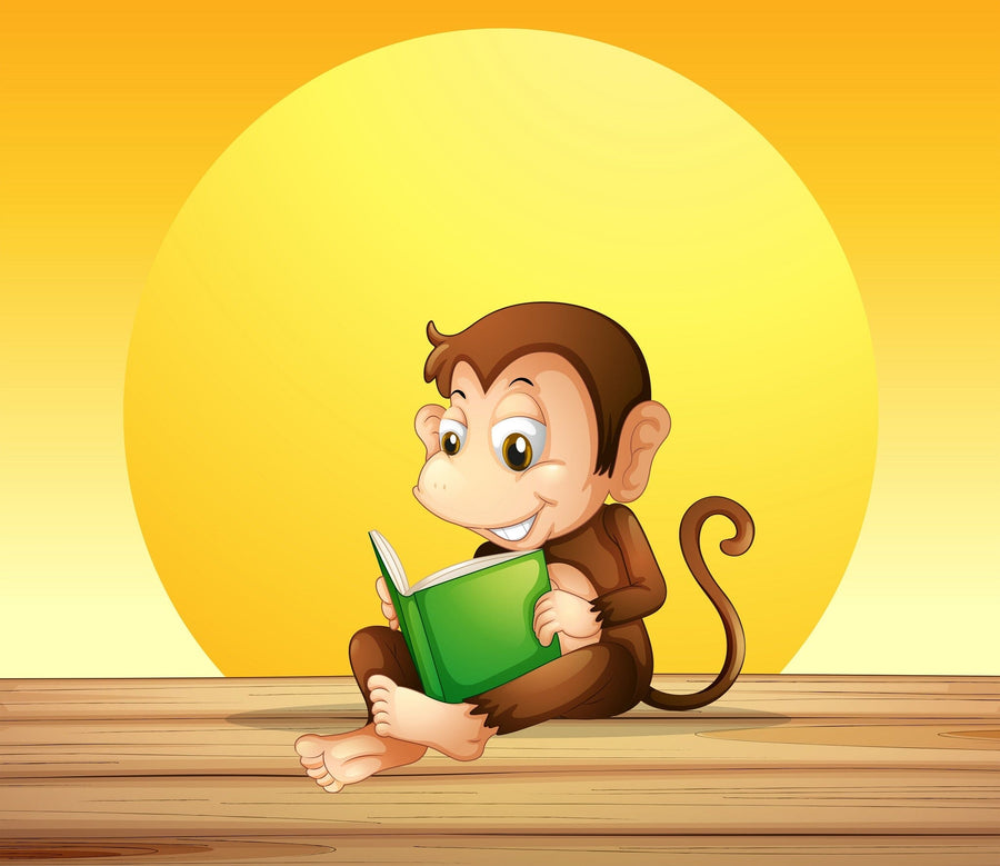 A nursery with a crib in front of the Monkey Reading Wall Mural showing a smiling cartoon monkey and yellow sun, plus a white dresser, potted plant, wall shelves with decor, framed photos, and a soft toy turtle on the floor.