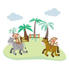 Two cheerful monkeys ride a zebra and a horse across grassy fields with palm trees and bright clouds. The Monkey Riders Wall Mural is ideal for custom printed or peel and stick wall murals in kids' rooms.