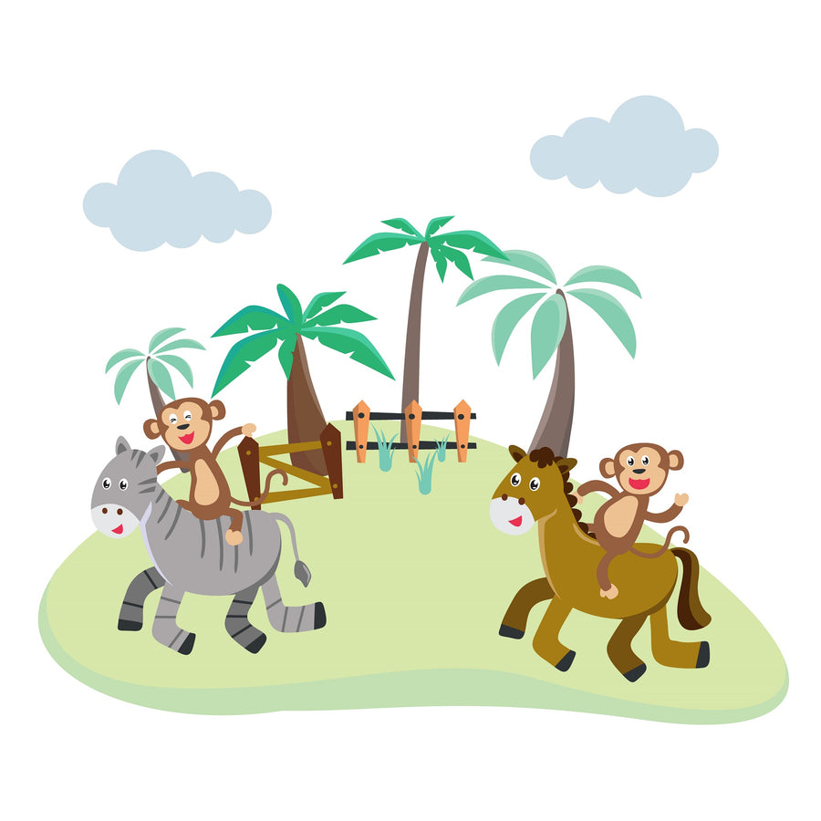 A bright nursery features a crib, toy horse, and the Monkey Riders Wall Mural with two monkeys on horses near palm trees. Blue curtains, a round mirror, a soft rug, toys, and baskets complete the playful, cheerful vibe.