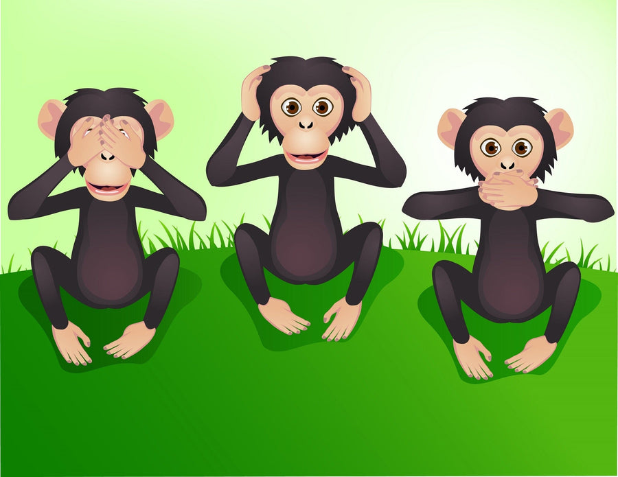 A nursery features the Monkeys Wall Mural, a custom peel and stick design of three cartoon monkeys making "see no evil, hear no evil, speak no evil" gestures on a green wall. The room also has a white crib, dresser, toys, plants, and framed photos on shelves.