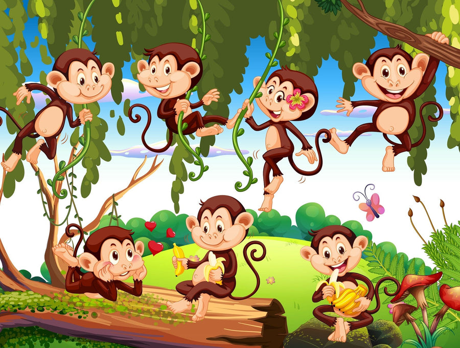 A nursery with a crib, rocking horse, toys, and the Monkeys Swinging Wall Mural—six cartoon monkeys swinging on vines in a sunny jungle. Light streams in through a window with blue curtains, and playful peel and stick decor adds colorful charm.