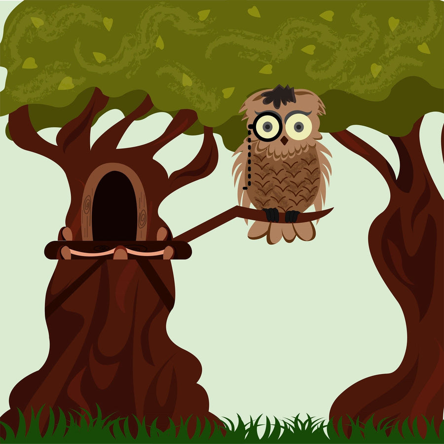 A cozy nursery features a white crib, round mirror, and the Monocle Owl Wall Mural with two leafy trees and an illustrated owl on a branch beside a tree with a door. Soft light highlights toys and a rug on the wooden floor.