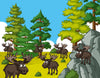 The Moose in the Pines Wall Mural features a vibrant cartoon forest with pine trees, rocks, bushes, and seven moose with antlers under a blue sky. Ideal as peel and stick wall mural or removable wallpaper for any space.