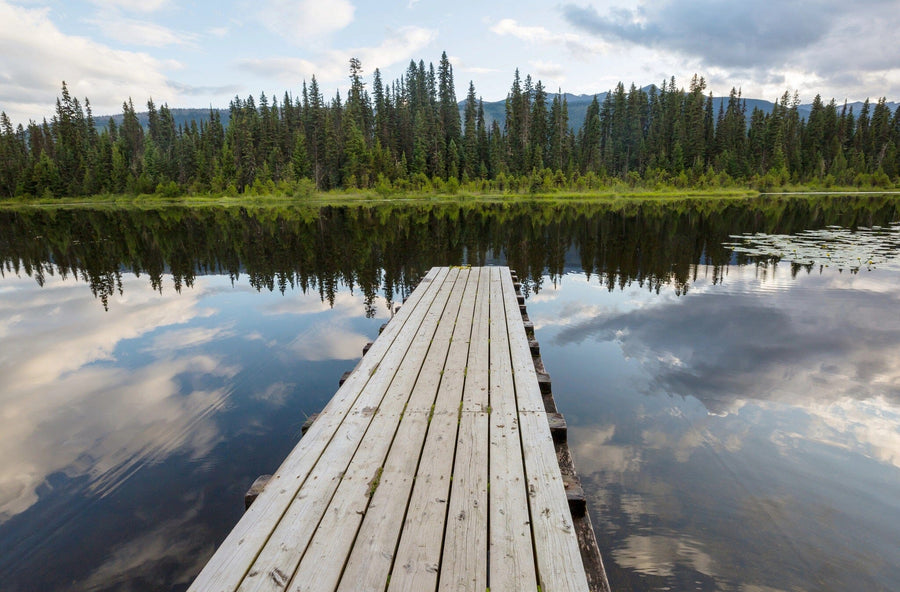 A modern open living and dining space with wooden floors, stylish furniture, and a large Mountain Lake in Canada Wall Mural depicting a dock leading onto a calm lake, bringing depth and natural beauty into the room.