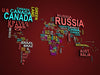 The "Nations in Text" wall mural by Photo features a stylized world map with country names as text. Large countries like Canada, Russia, China, Brazil, the USA, and Australia stand out in bold colors on a dark maroon backdrop. Easily customize your space with this removable wallpaper.