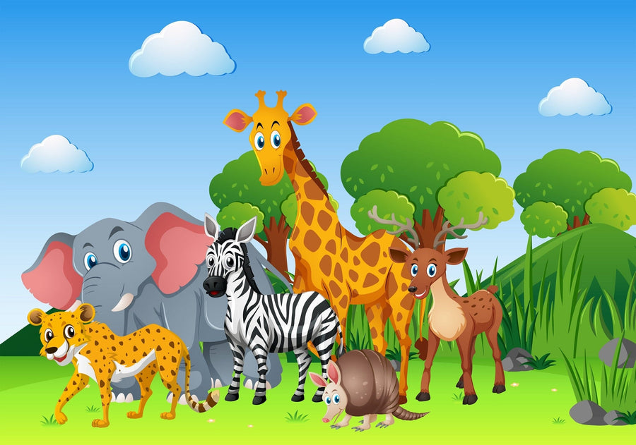 A nursery features a white crib and dresser, a potted plant, baby supplies, framed photos, and the Nature’s Wild Companions Wall Mural with cartoon jungle animals—giraffe, elephant, zebra, lion, antelope—set against a bright blue sky.