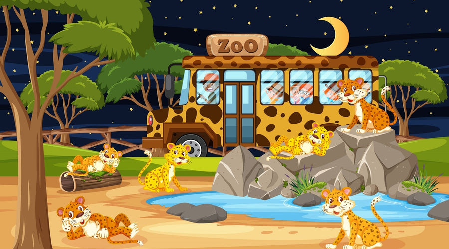 A nursery showcases the Night Zoo Wall Mural, displaying cartoon cheetahs at a nighttime zoo with a crescent moon, rocks, trees, and a pond. The room is furnished with a crib, toys, baskets, rocking horse, rug, and curtained windows.