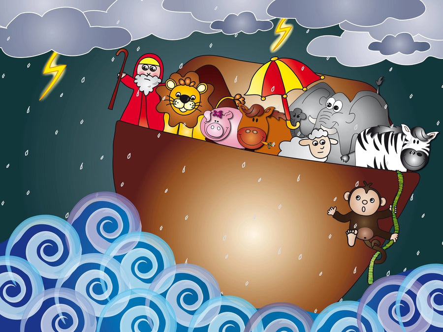A nursery room features a crib, dresser, and shelves with toys and photos. The wall displays our Noah's Ark Wall Mural with cartoon animals and Noah in a storm. A green plant stands by the dresser. Try this peel and stick mural for easy updates.