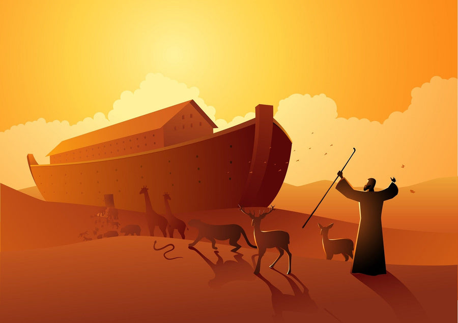 A nursery room showcases the Noah’s Ark Wall Mural at sunset, with animals and a figure holding a staff. The space includes a white crib, rocking horse, toy blocks, circular rug, and soft neutral furnishings.
