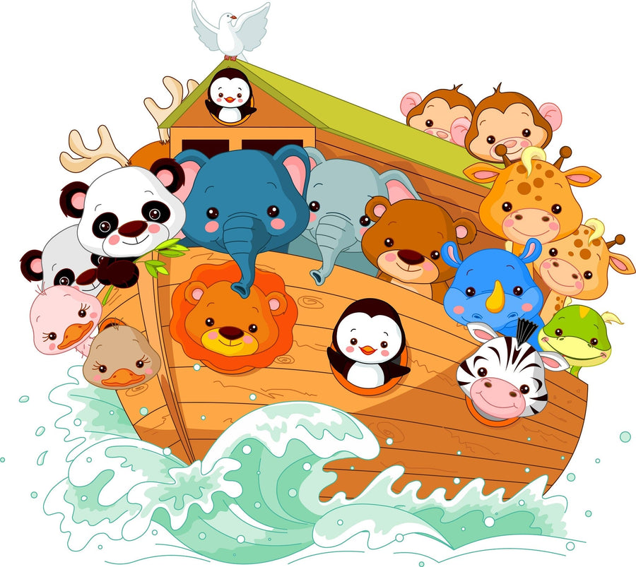 A nursery with a crib, dresser, shelves, and wooden floors features the Noah's Ark Animals Wall Mural with cute animals on blue waves. Cozy decor completes this charming space.