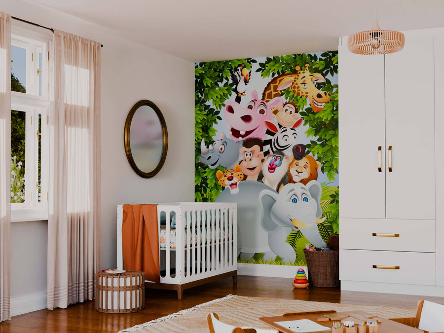 A nursery with a white crib, orange blanket, round basket, and the African Savannah Wall Mural featuring cartoon jungle animals and green leaves. Natural light pours in, creating a bright space that's easy to update with removable wallpaper.