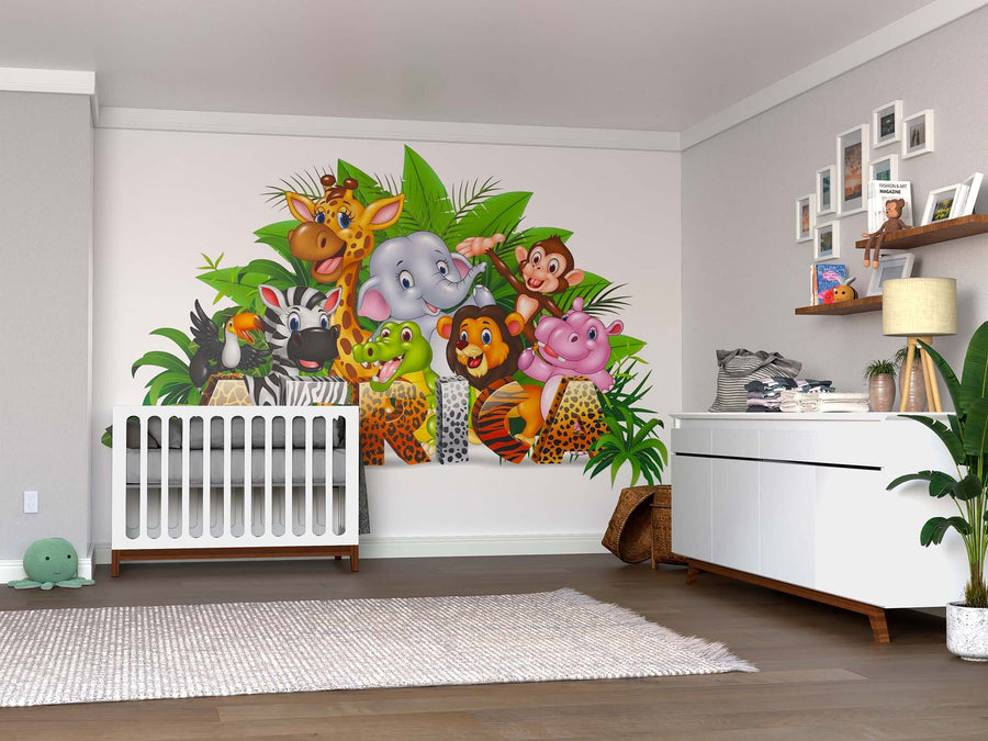 A modern nursery with a white crib and dresser is brightened by the African Animals Wall Mural, a colorful peel-and-stick wallpaper with cartoon jungle animals and green leaves. The removable mural adds playful decor to wood floors for easy style updates.