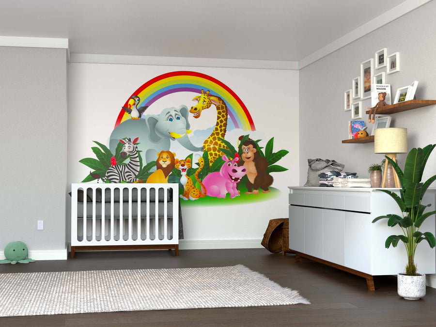A nursery with a white crib, dresser, and an Animals Vector Wall Mural featuring cartoon jungle animals beneath a rainbow. The room has neutral walls, wooden flooring, and playful removable wallpaper for easy décor updates.