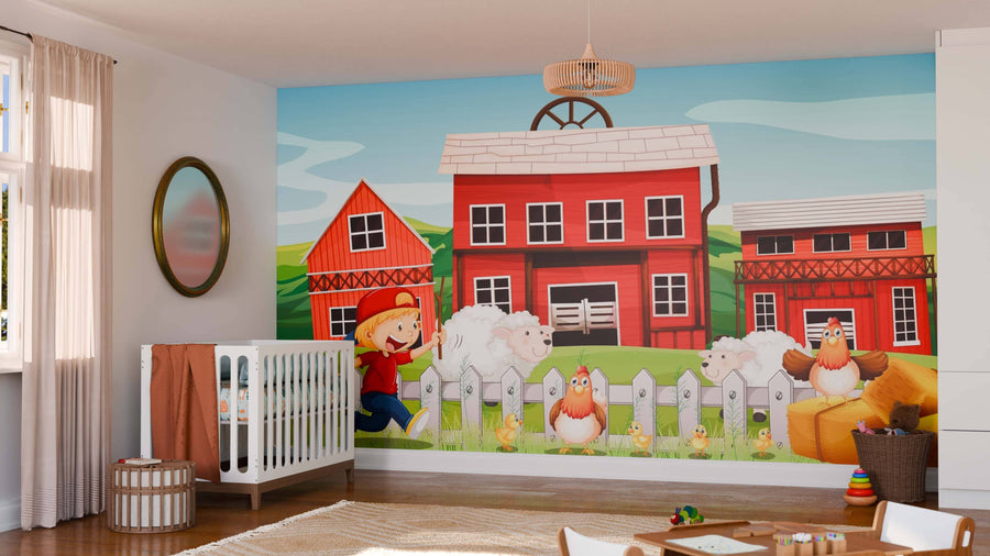 A nursery features the Barnyard Adventures Wall Mural with red barns, sheep, and chickens. A white crib, round organizer, wicker basket, and toys sit on a tan rug. Sunlight filters through sheer curtains beside a round mirror.