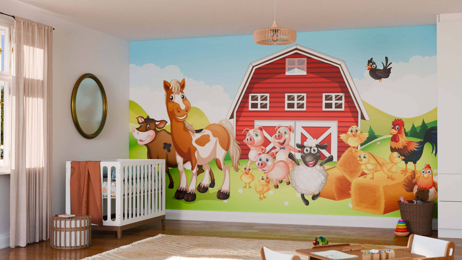 A nursery features the Barnyard Friends Wall Mural, a colorful farm-themed peel and stick design with a red barn, horse, cow, piglets, sheep, chickens, and hay. A crib, mirror, basket, toys, sunlight, and neutral décor complete the scene.