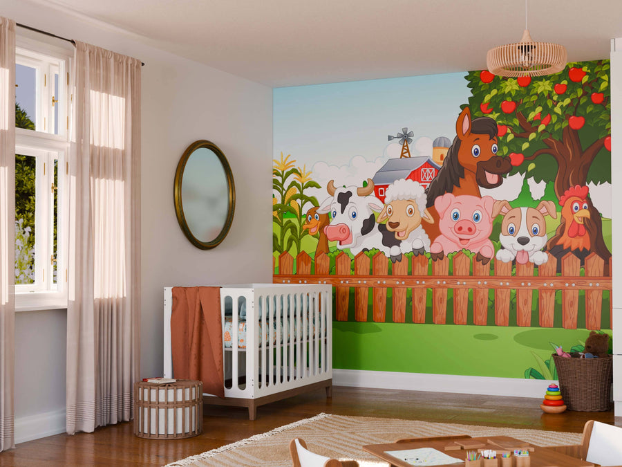 A bright nursery with a crib, round mirror, and toy basket features the Barnyard Friends Wall Mural—peel and stick cartoon farm animals like a cow, sheep, pig, horse, cat, dog, and chicken by a fence, apple tree, cornfield, and barn.