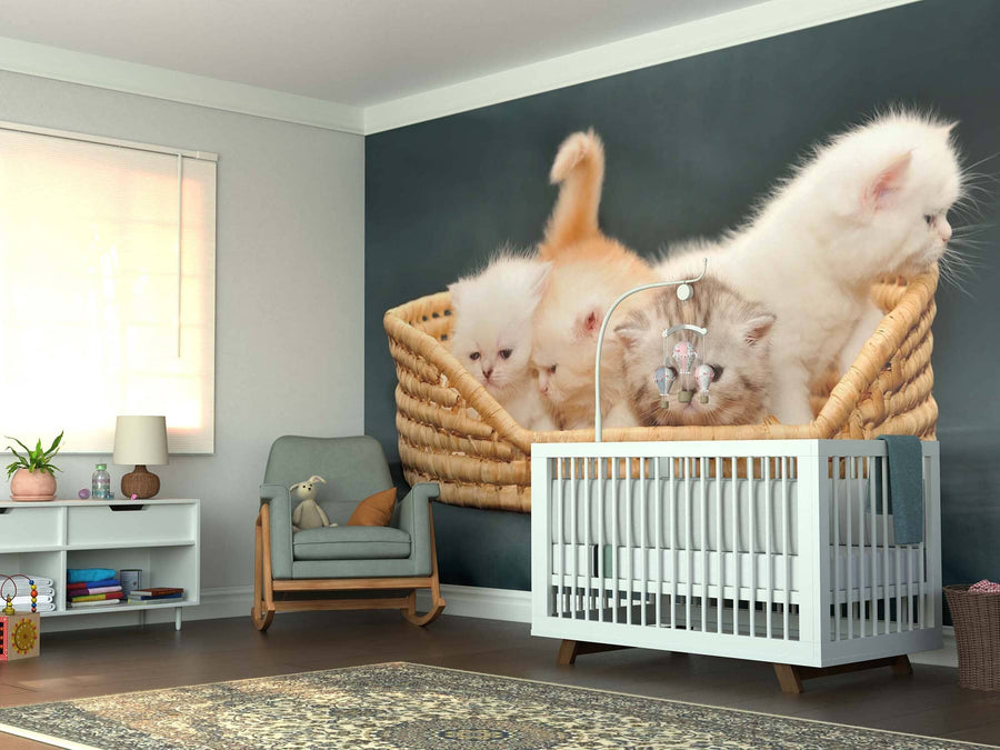 A nursery with a white crib, mobile, armchair, and shelves features the Barnyard Buddies Wall Mural. Sunlight pours in through the window onto a patterned rug covering the wooden floor.