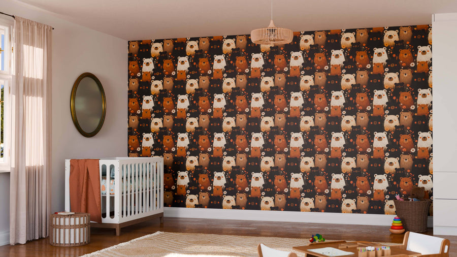 A nursery room features a white crib, a round mirror, and a feature wall decorated with the Bear Family Wall Mural, showing repeating cartoon bear faces in brown, beige, and white. Sunlight streams in through sheer curtains.