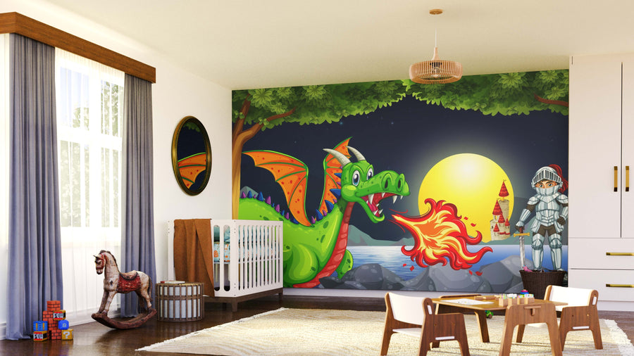 A bright children’s room features the Brave Knight and Dragon Wall Mural, showing a green dragon breathing fire at a knight by a castle lake at sunset, plus a crib, rocking horse, toys, blue curtains, brown rug, and modern light fixture.
