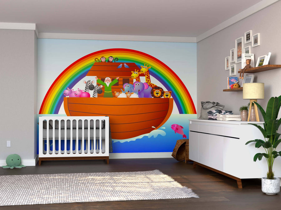 Create a cozy nursery with the Cartoon Animal Wall Mural, featuring smiling animals and a rainbow over blue water. Just peel and stick to transform the space—add white furniture, toys, shelves, framed pictures, and a plant for the perfect look.