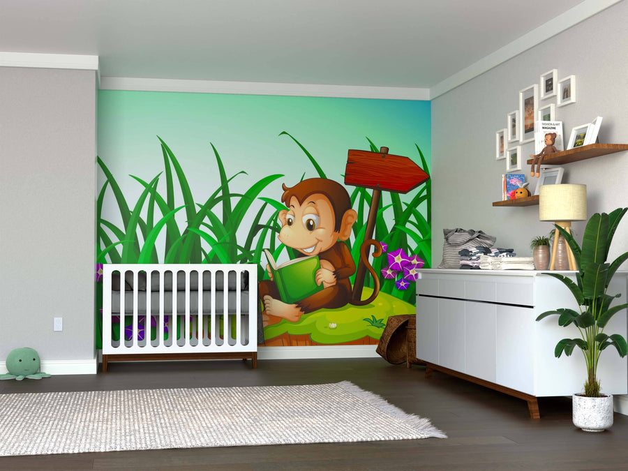 A bright, neatly decorated nursery with a crib, dresser, shelves, and the Cartoon Monkeys Wall Mural—featuring a cartoon monkey holding a book amid large green grass, purple flowers, and a wooden signpost on the wall.