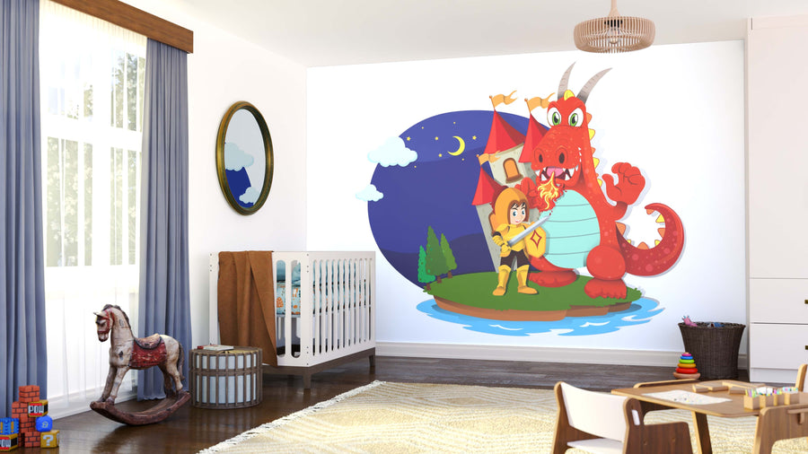 A cheerful nursery features a crib, rocking horse, toys, and the Castle Battle Wall Mural showing a smiling knight and friendly red dragon by a castle under the moon and stars. Blue curtains and wooden decor complete the cozy space.