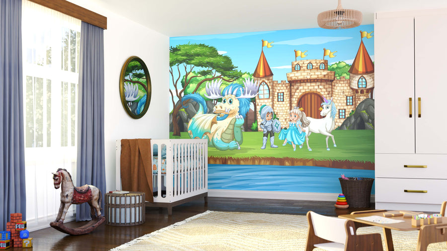 A child's bedroom features the Castle Friends Adventure Wall Mural, a colorful peel and stick design with a castle, dragon, knight, princess, and horse. The room includes a crib, rocking horse, toy blocks, storage baskets, and chairs by blue-curtained windows.