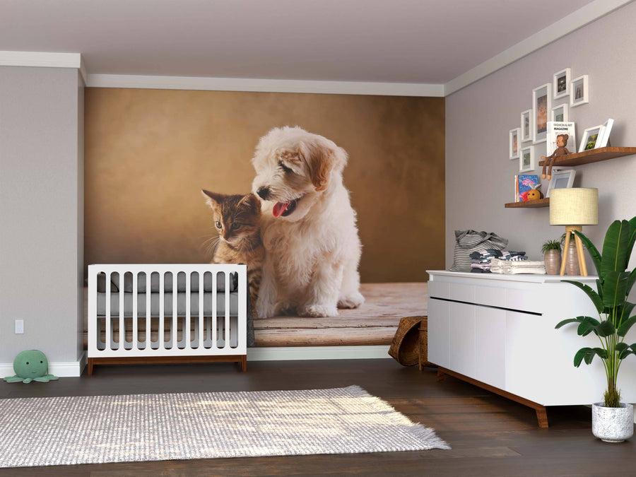A modern nursery with a white crib, dresser, and shelf showcases the Cat and Dog Wall Mural featuring a fluffy puppy and tabby kitten. The room is completed with a rug, potted plant, lamp, and framed art on the shelf.