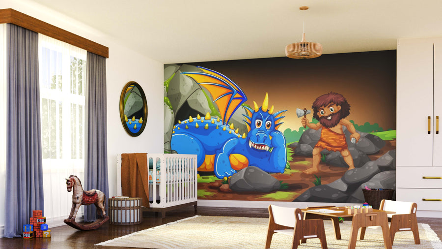 A bright children’s room features the Caveman and Beast Wall Mural, showing a blue dragon with yellow spikes and a caveman in fur holding a stone axe among rocks. The space includes a crib, rocking horse, toys, and a large window with sheer curtains.
